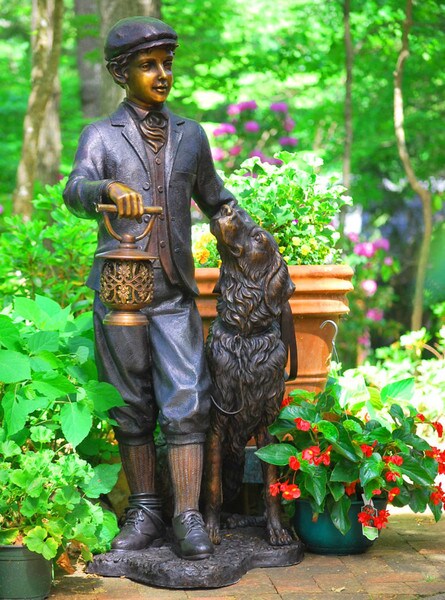 Boy and Dog With Lamp Bronze Sculpture Lantern Decor